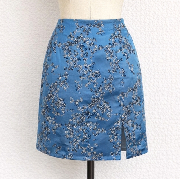 Vintage Dresses & Skirts - Vintage 90s Y2K Satin Cherry Blossom Skirt Blue Black White MEDIUM Kawaii